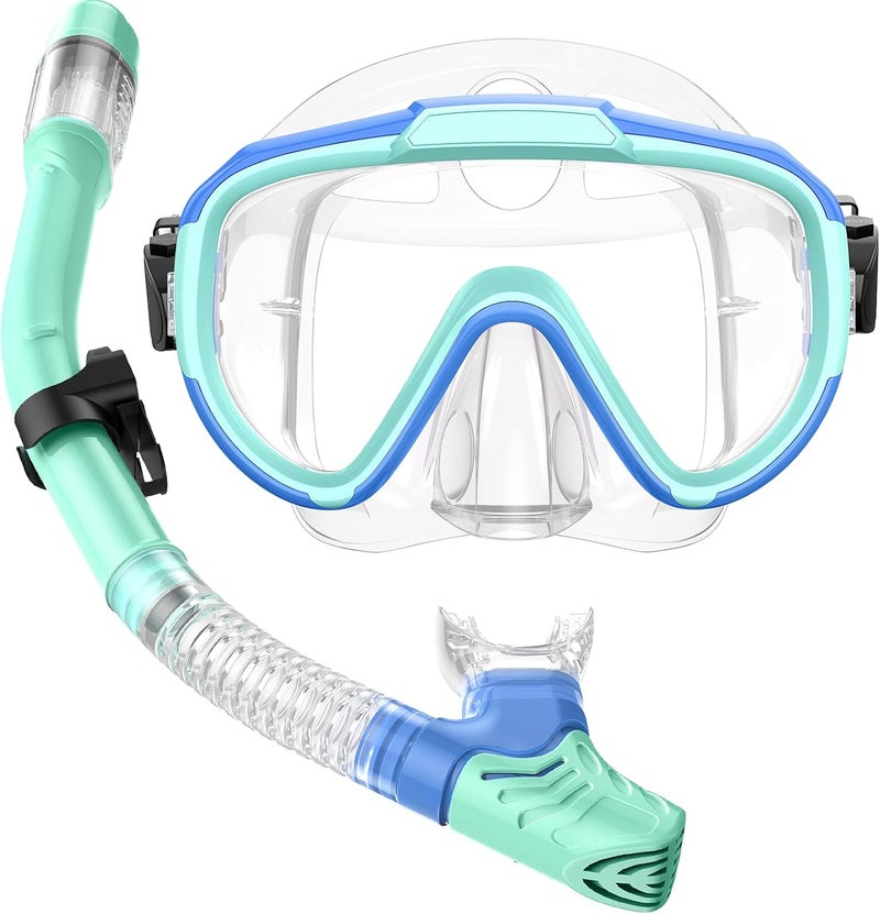 Seovediary Kids Snorkel Set, Anti-Fog Panoramic Tempered Glass Kids Snorkel mask, Anti-Leak Scuba Diving Mask with Mesh Bag, Dry Top Snorkeling Gear for Kids and Youth Age 4-16 - Image 1